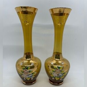 Pair of Vintage Norleans Japan Amber Vases Hand Painted Flowers and Gold Accents